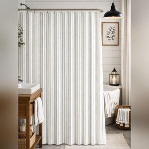 Textured Black Stripe Shower Curtain | Cotton Blend Modern Farmhouse